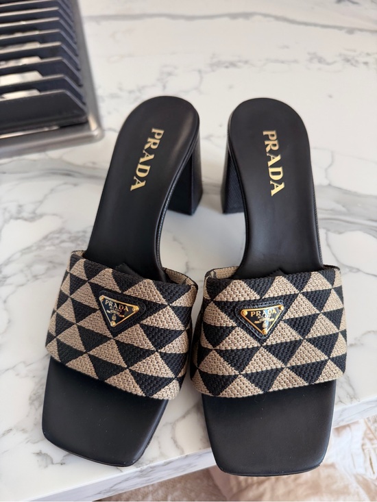 Prada Shoes - Prada Black and Beige Geometric Woven Slide Mules